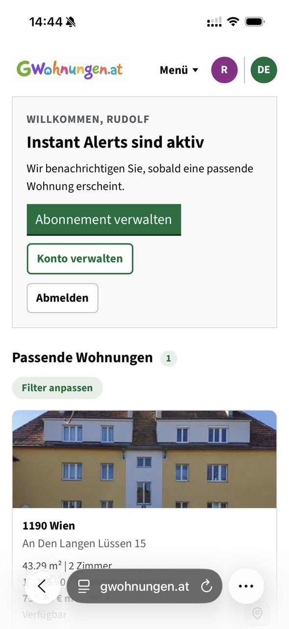 Eine Wohnungs-Benachrichtigung des GWohnungen-Bots auf einem Handy